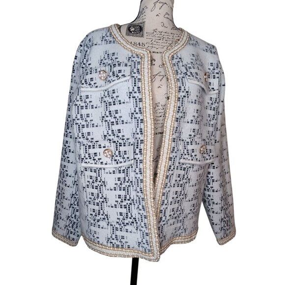 Northen Angel Medium Anthropolgie Knit Eyelash Jacket Ivory Gold Trim Button - Picture 2 of 7
